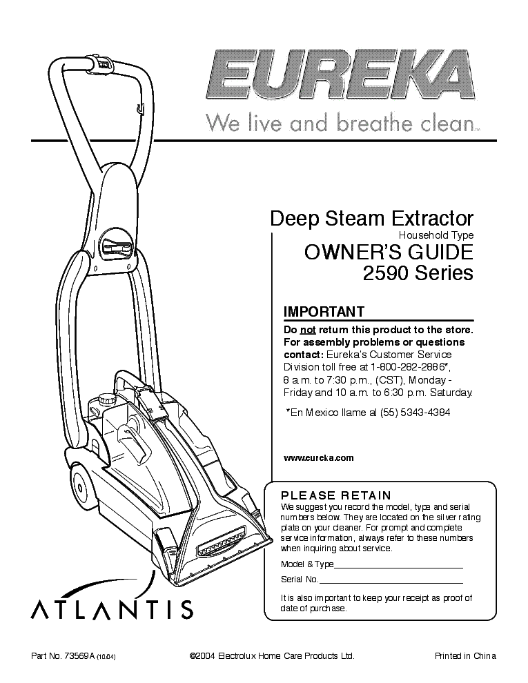 EUREKA 2590-SERIES DEEP STREAM EXTRACTOR-VACUUM CLEANER 2004 OP SM service manual (1st page)