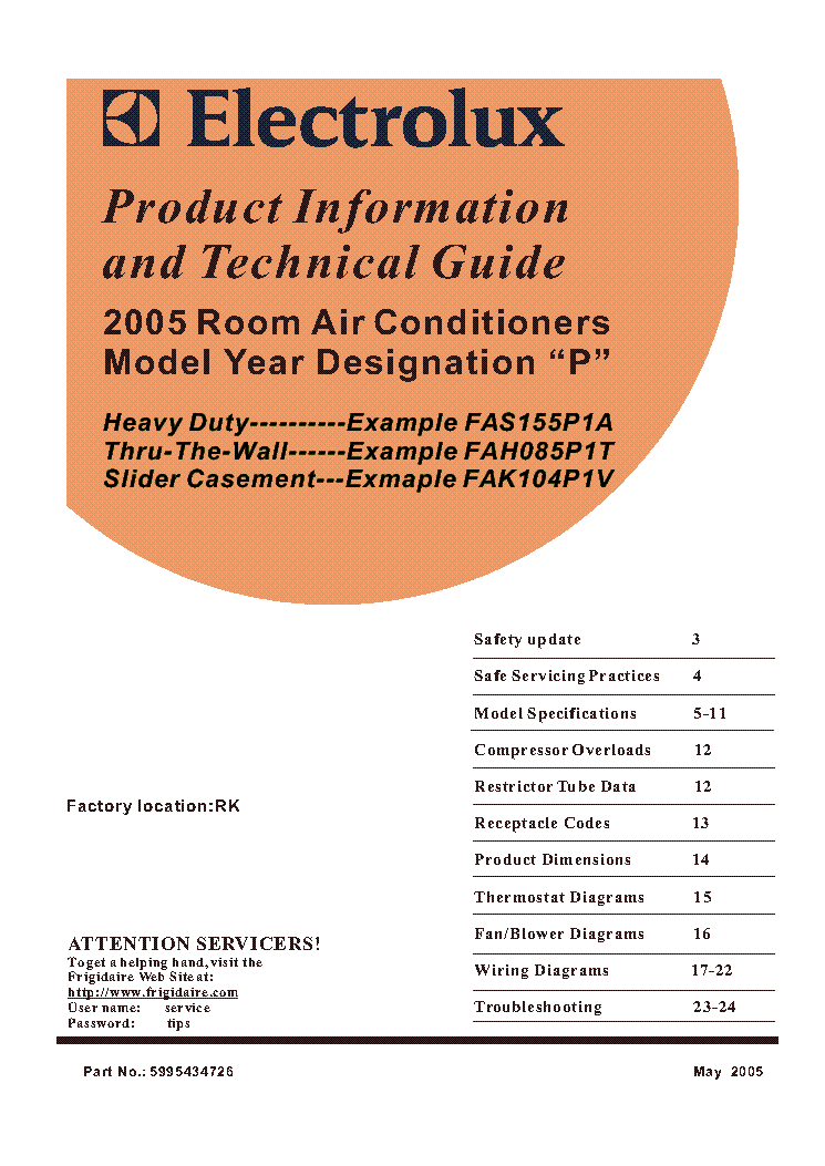 ELECTROLUX 2005 ROOM AIR CONDITIONER FAS155P1A FAH085P1T FAK104P1V service manual (1st page)