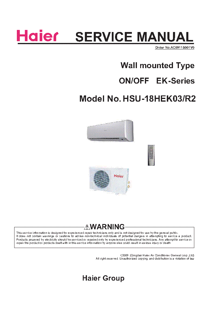 HAIER HSU-18HEK03R21U 18EN1EAAAS 18GN1EAA EK SERIES service manual