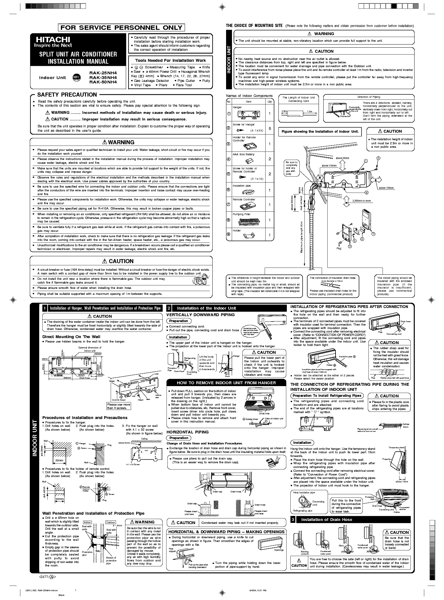 HITACHI INS RAK-25 35 50NH4 Service Manual download, schematics, eeprom ...