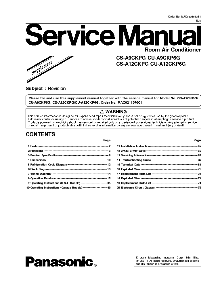 PANASONIC CS-A9CKPG service manual