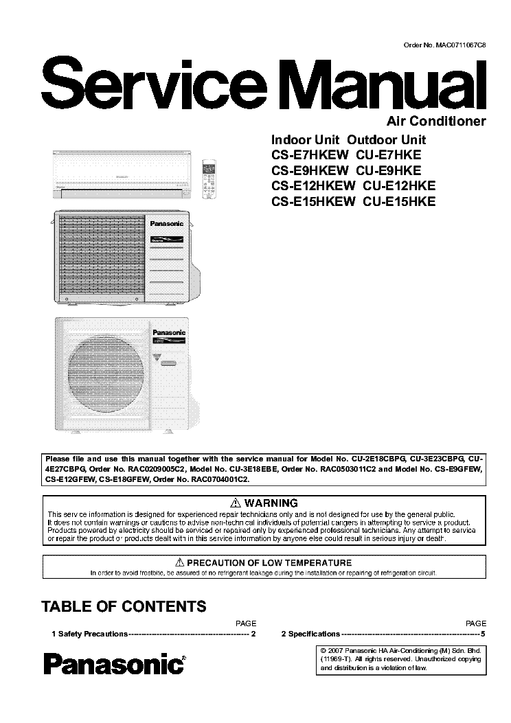 PANASONIC CS-E7HKEW CU-E7HKE CS-E9HKEW CU-E9HKE CS-E12HKEW CU-E12HKE CS-E15HKEW CU-E15HKE service manual