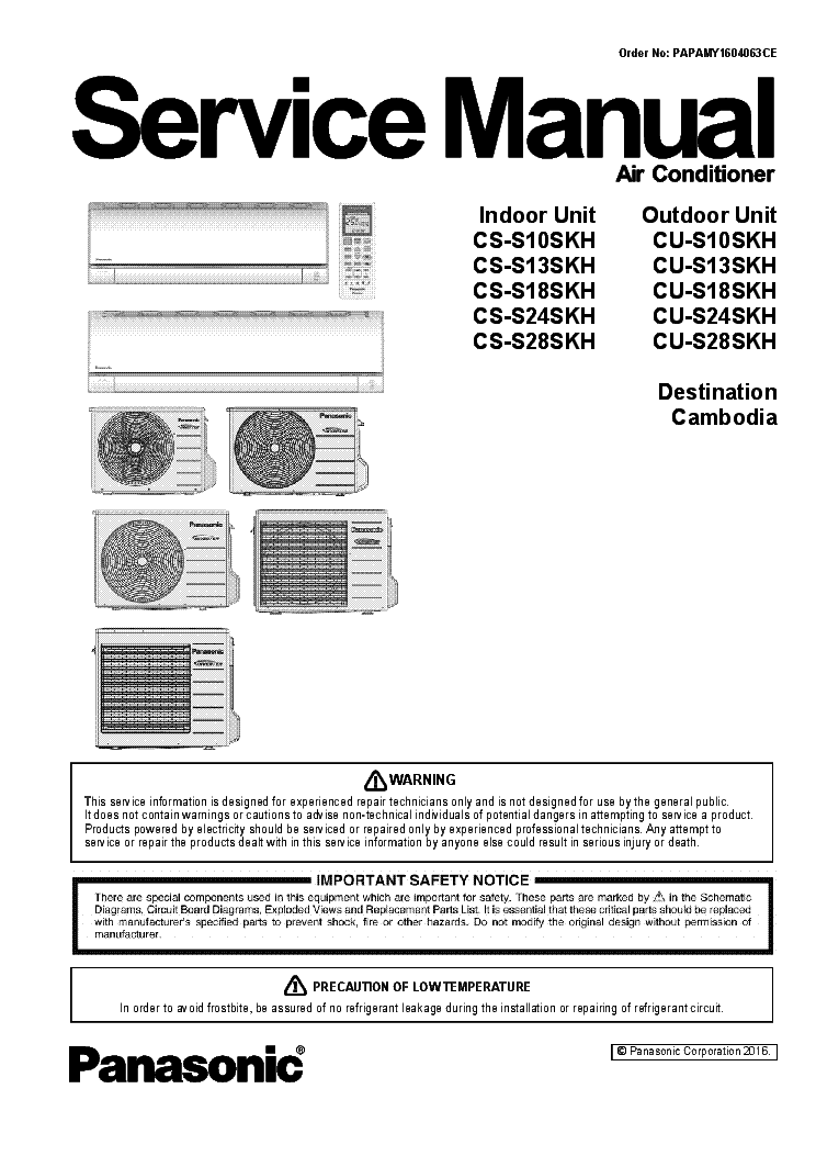 PANASONIC CS-S10SKH CS-S13SKH CS-S18SKH CS-S24SKH CS-S28SKH CU-S10SKH CU-S13SKH CU-S18SKH CU-S24SKH CU-S28SKH service manual