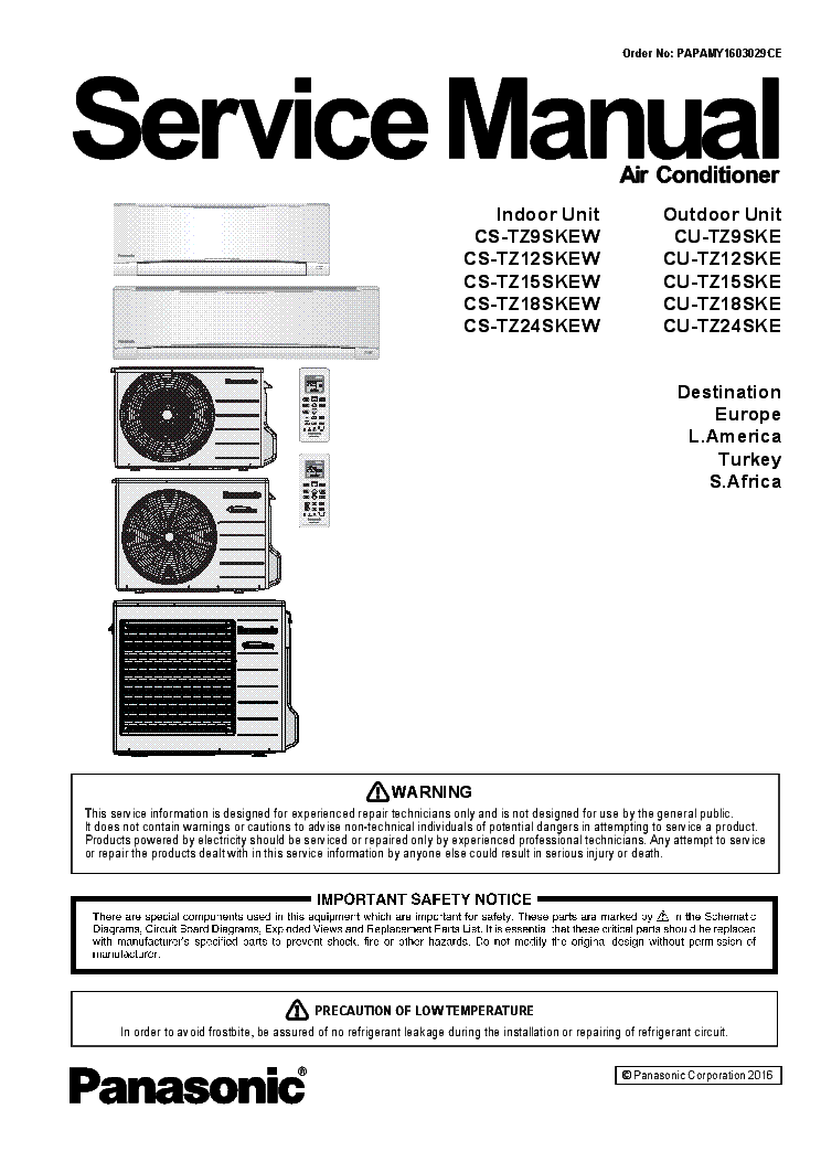 PANASONIC CS-TZ9SKEW CS-TZ12SKEW CS-TZ15SKEW CS-TZ18SKEW CS-TZ24SKEW CU-TZ9SKE CU-TZ12SKE CU-TZ15SKE CU-TZ18SKE CU-TZ24SKE service manual