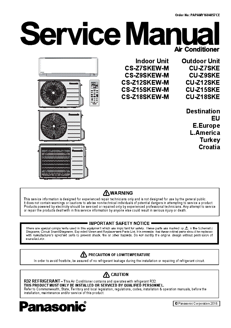 PANASONIC CS-Z7SKEW-M CS-Z9SKEW-M CS-Z12SKEW-M CS-Z15SKEW-M CS-Z18SKEW-M CU-Z7SKE CU-Z9SKE CU-Z12SKE CU-Z15SKE CU-Z18SKE 178PAGES service manual