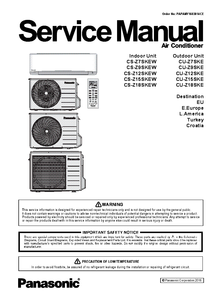 PANASONIC CS-Z7SKEW CS-Z9SKEW CS-Z12SKEW CS-Z15SKEW CS-Z18SKEW CU-Z7SKE CU-Z9SKE CU-Z12SKE CU-Z15SKE CU-Z18SKE 175PAGES service manual
