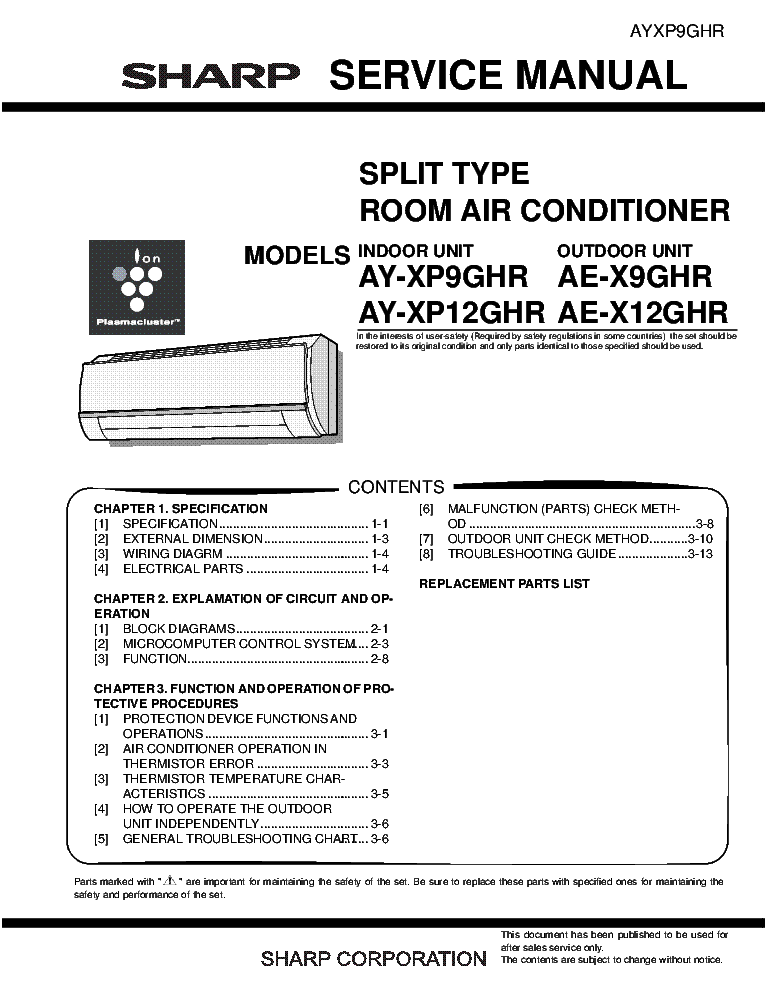 SHARP AY-XP9GHR AE-X9GHR AY-XP12GHR AE-X12GHR service manual (1st page)