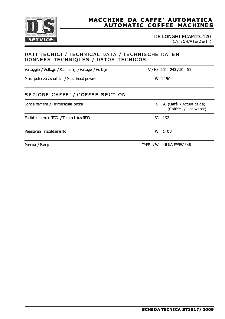 DELONGHI TL ECAM23.420.SB service manual (1st page)