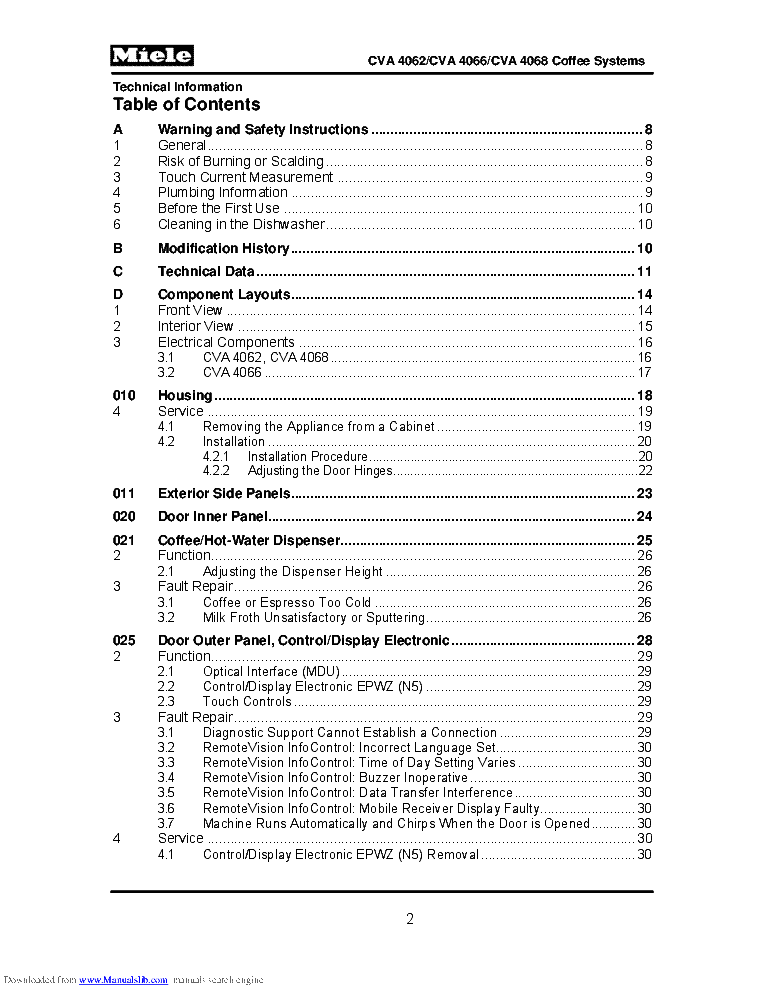 MIELE CVA 4062 CVA 406X COFFEE SYSTEMS SERVICE MANUAL service manual (2nd page)
