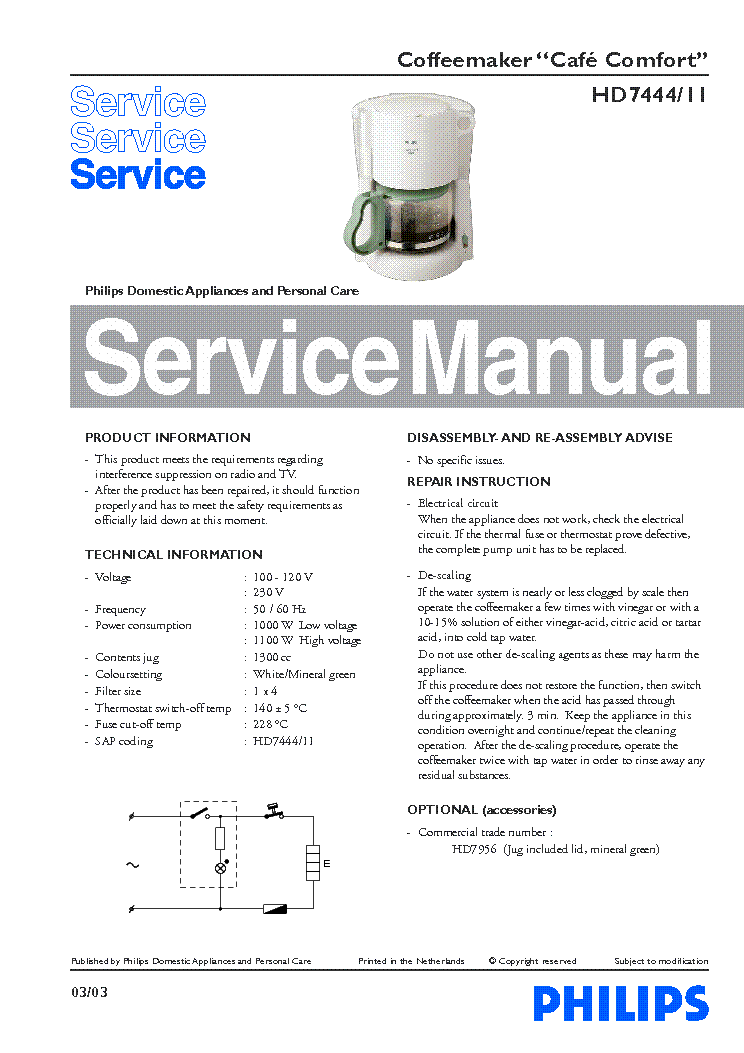 PHILIPS HD-7444-11 CAFE-COMFORT SM service manual (1st page)
