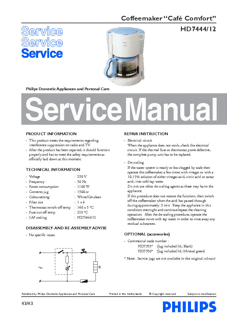 PHILIPS HD-7444-12 CAFE-COMFORT SM service manual (1st page)