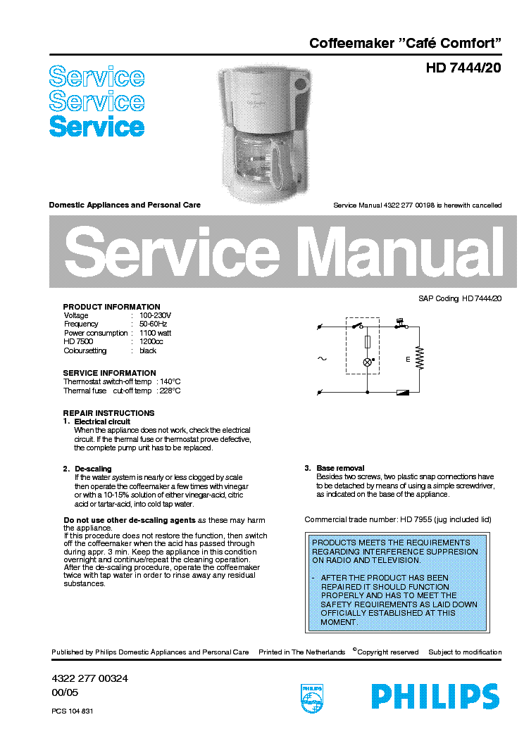PHILIPS HD-7444-20 CAFE-COMFORT SM service manual (1st page)