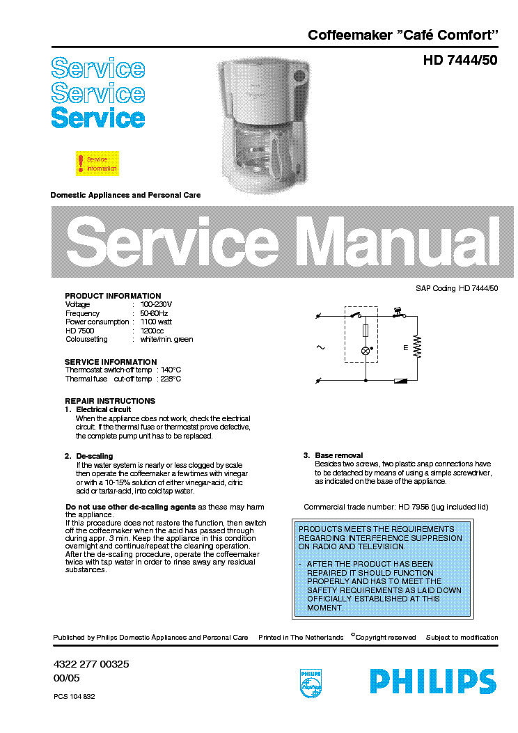 PHILIPS HD-7444-50 CAFE-COMFORT SM service manual (1st page)