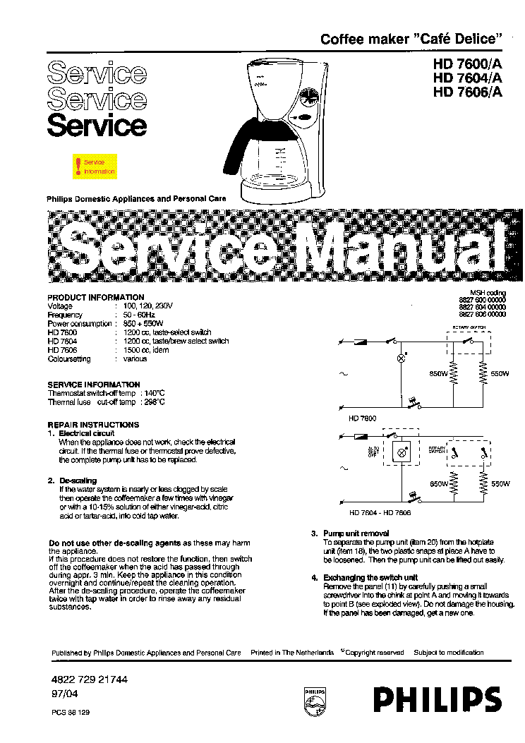 PHILIPS HD-7600 7604 7606-A CAFE-DELICE SM service manual (1st page)