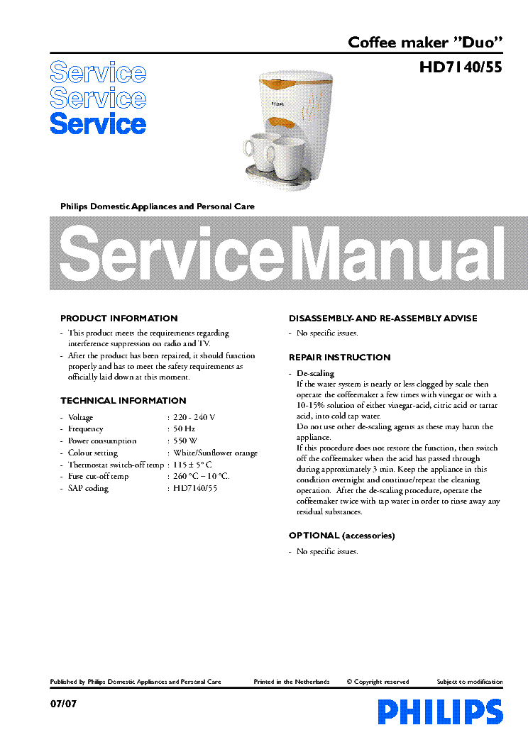 PHILIPS HD7140-55 COFFEE MAKER service manual (1st page)