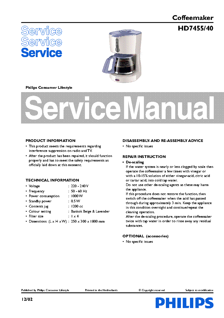 PHILIPS HD745540 COFFEE MAKER Service Manual download, schematics