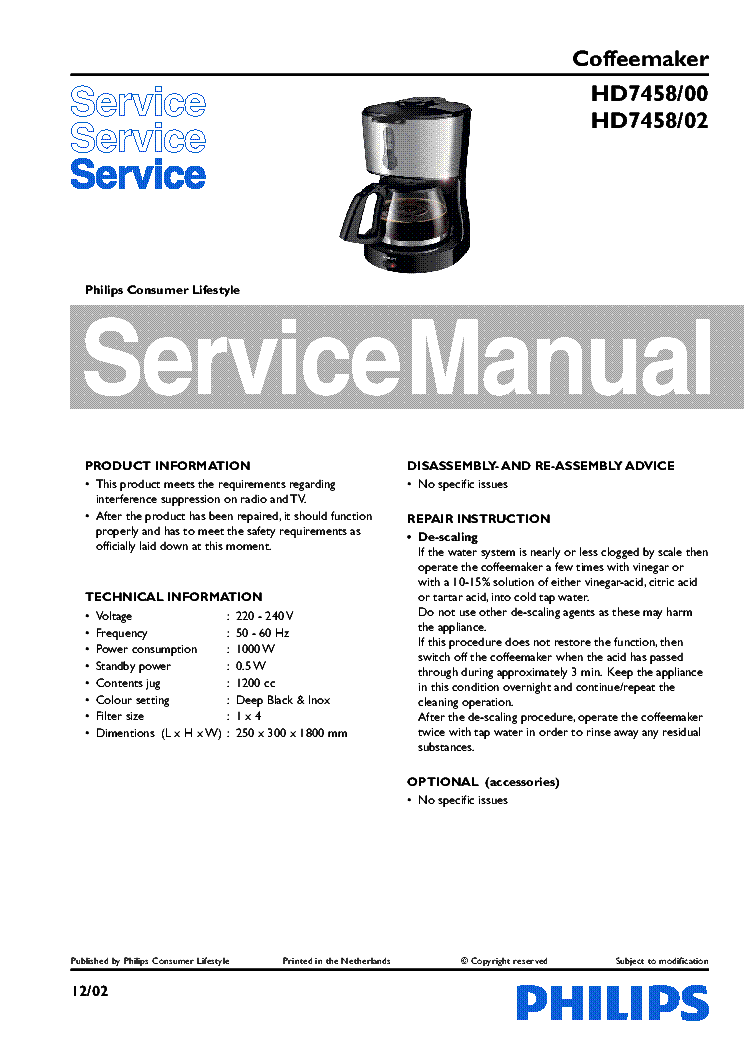 PHILIPS HD7458-00 HD7458-02 COFFEE MAKER service manual