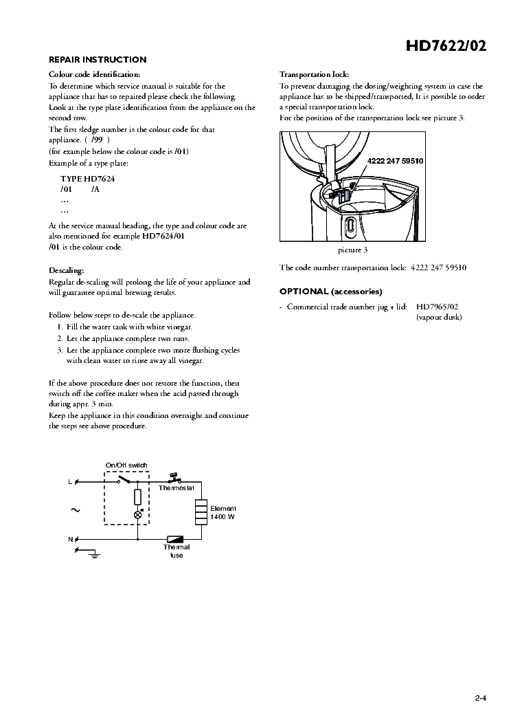 PHILIPS HD7622-02 COFFEE MAKER service manual (2nd page)
