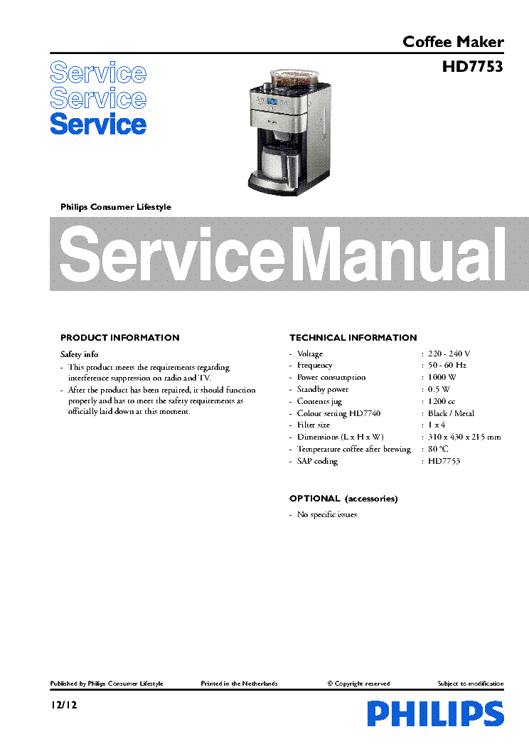 PHILIPS HD7753-00 COFFEE MAKER service manual (1st page)