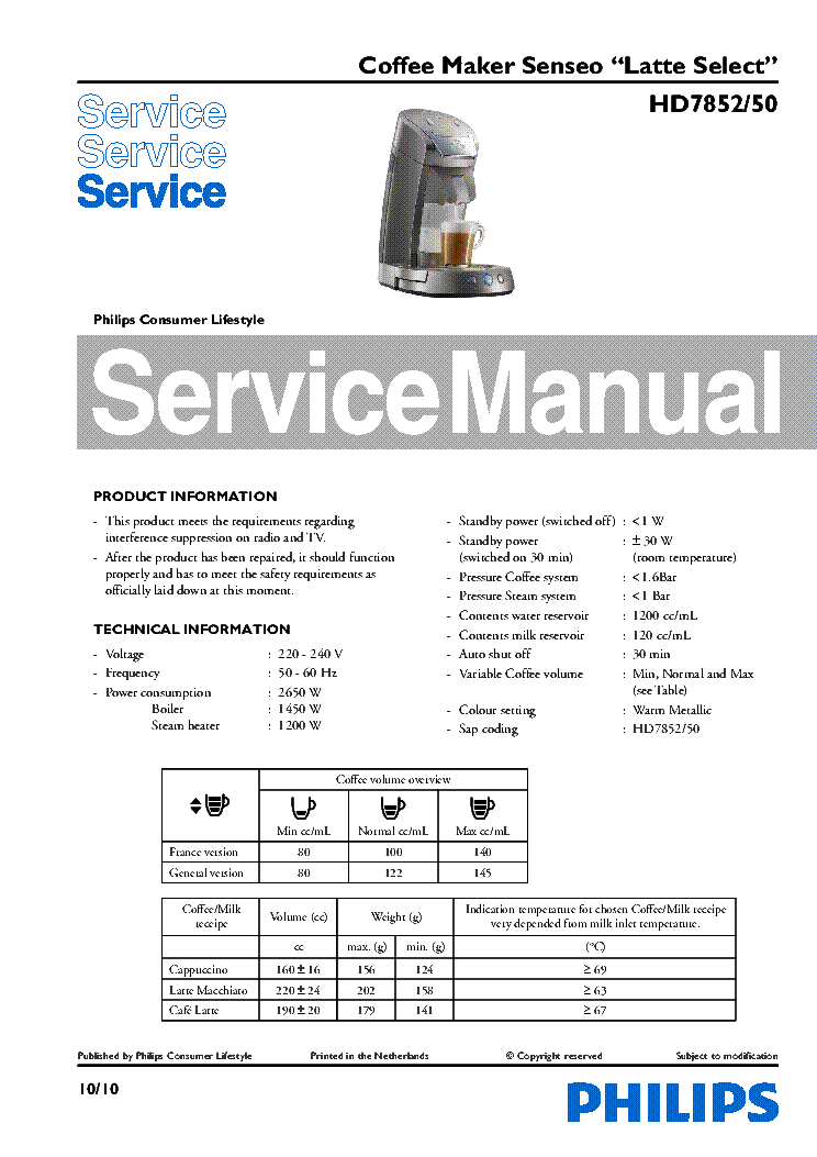 PHILIPS HD7852-50 COFFEE MAKER SENSEO service manual (1st page)
