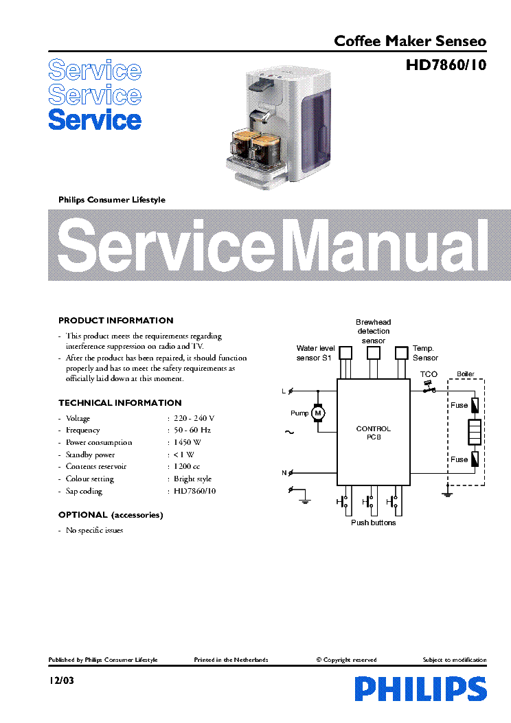PHILIPS HD7860-10 COFFEE MAKER SENSEO service manual (1st page)
