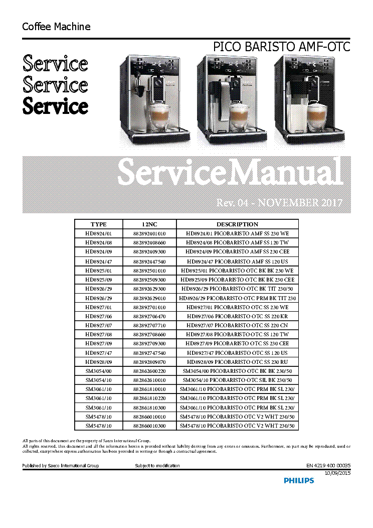 PHILIPS SAECO PICO BARISTO HD8924 HD8925 HD8926 HD8927 HD8928 SM3054 SM3061 SM5478 SMA REV04 EN SM Service Manual download schematics eeprom repair info for electronics experts