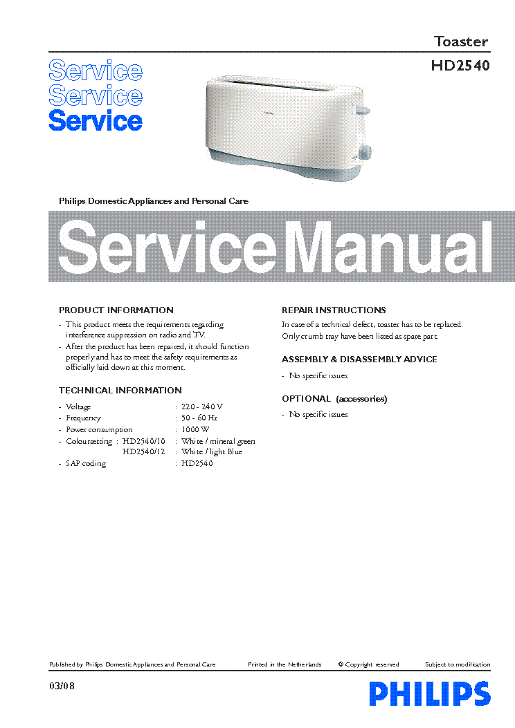 PHILIPS HD2540 service manual (1st page)