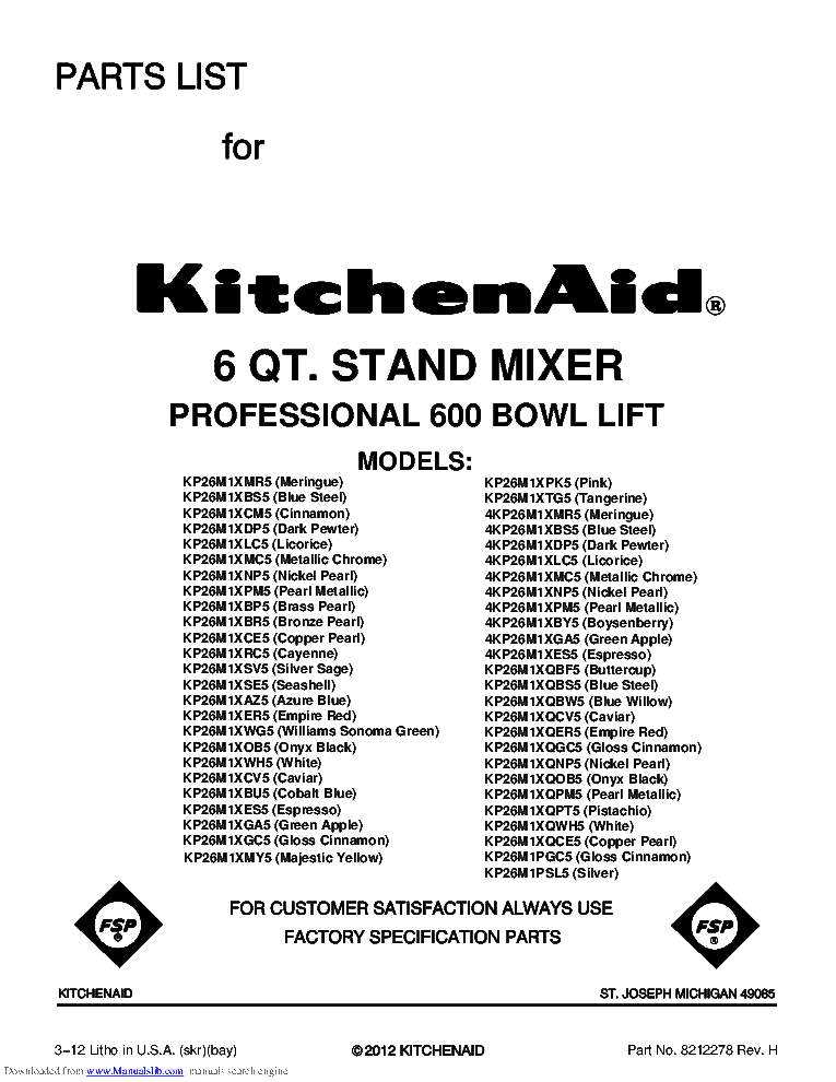Kitchenaid 6qt Kp26m1x Parts List