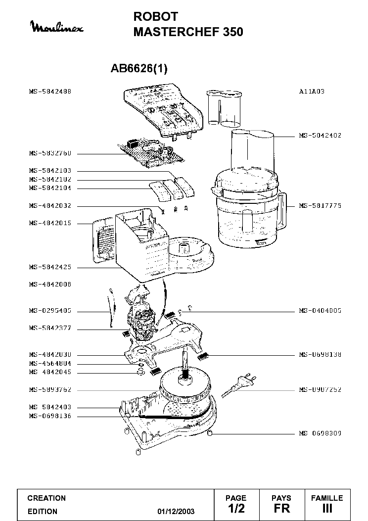 MOULINEX MASTERCHEF 350 AB6626 EXPLODED service manual (1st page)