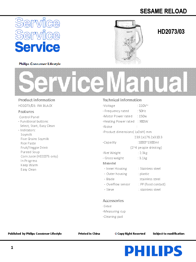 PHILIPS HD2073-03 SESAME RELOAD service manual (1st page)
