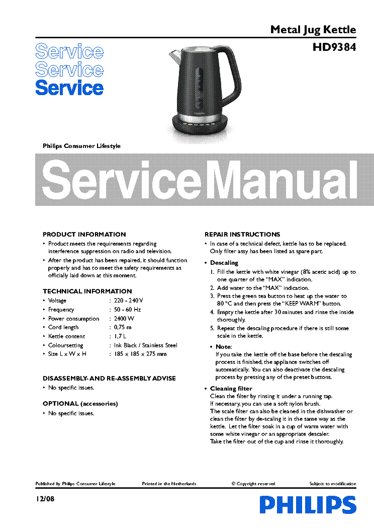 PHILIPS HD9384 KETTLE SM service manual