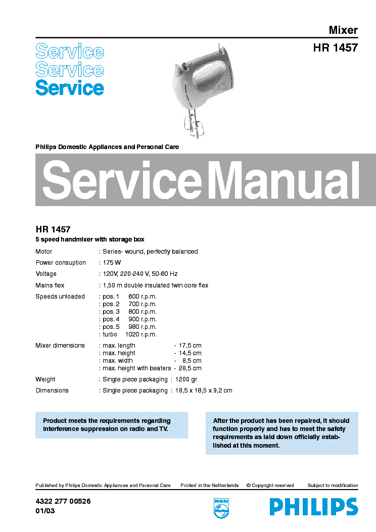 PHILIPS HR-1457 MIXER service manual (1st page)