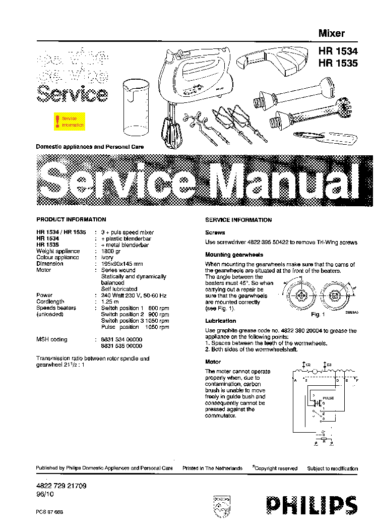PHILIPS HR-1534 1535 MIXER service manual (1st page)