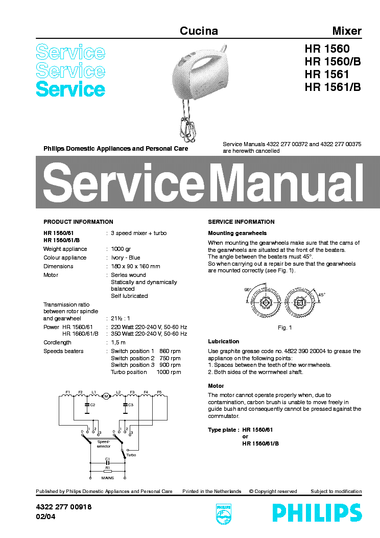 PHILIPS HR-1560-B 1561-B MIXER service manual (1st page)