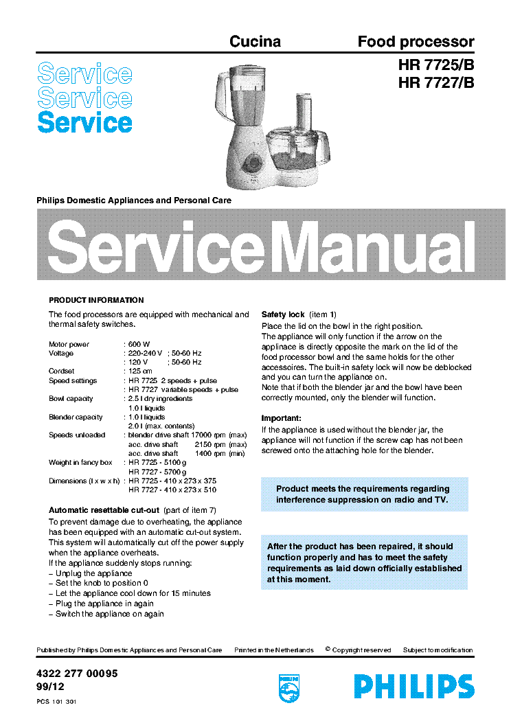 PHILIPS HR7725 HR7727 B FOOD PROCESSOR SM service manual (1st page)