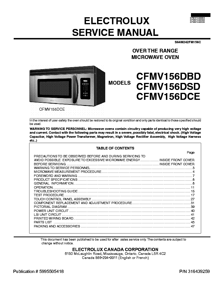 ELECTROLUX CFMV156D service manual (1st page)