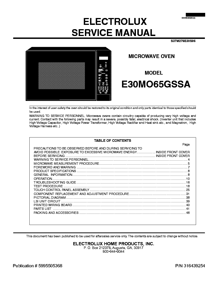 ELECTROLUX E30MO65GSSA-SM service manual (1st page)