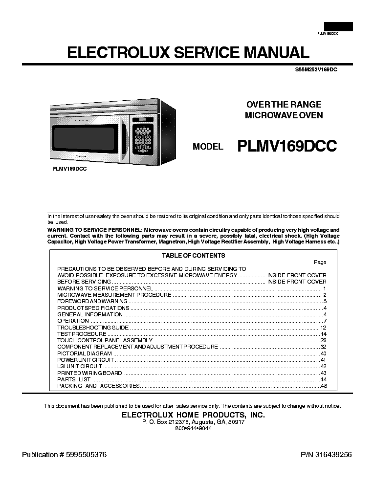 ELECTROLUX PLMV169DCC service manual (1st page)