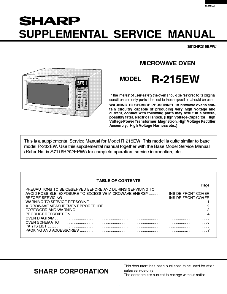 SHARP R-215EW SUPPLEMENT service manual