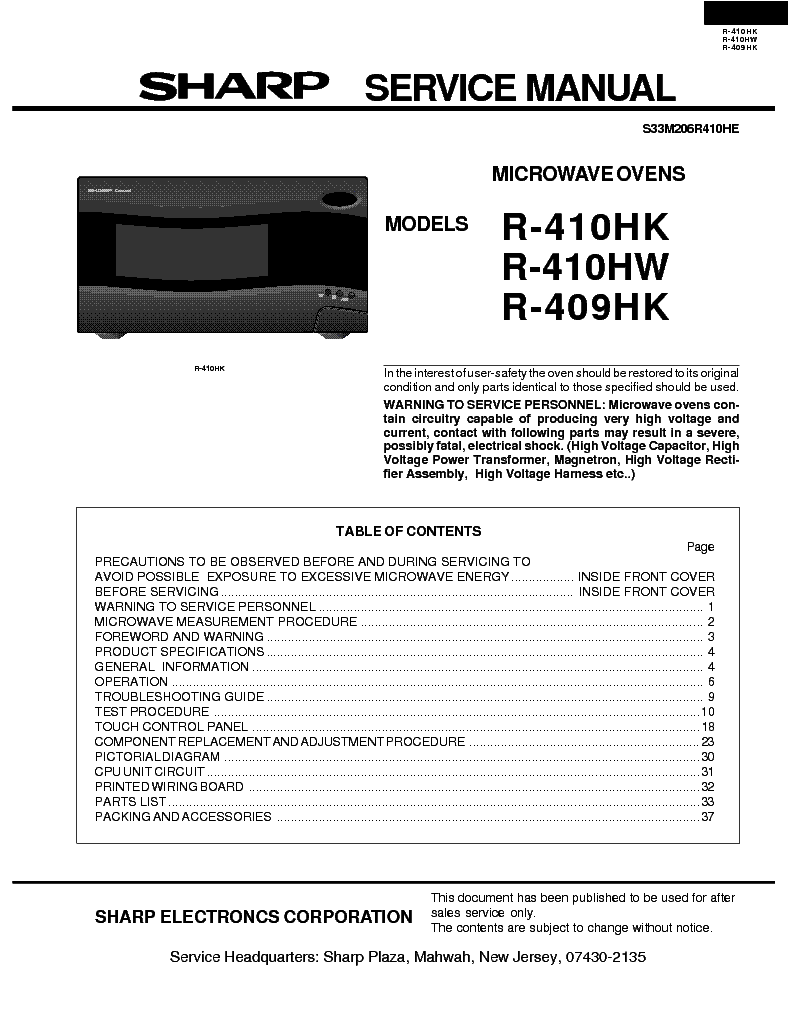 SHARP R-410HK 410HW 409HK service manual (1st page)