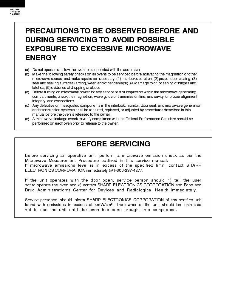 SHARP R-410HK 410HW 409HK service manual (2nd page)