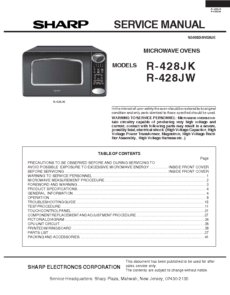 SHARP R-428JK-JW service manual (1st page)