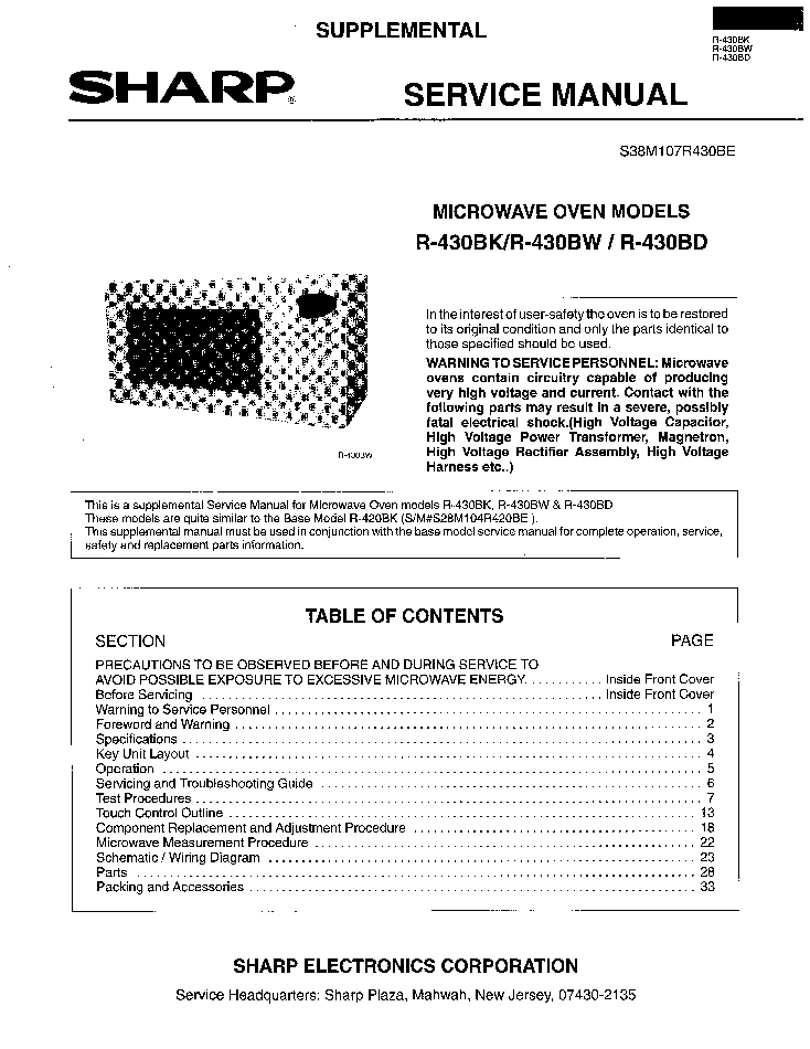 SHARP R-430BK 430BW 430BD service manual (1st page)