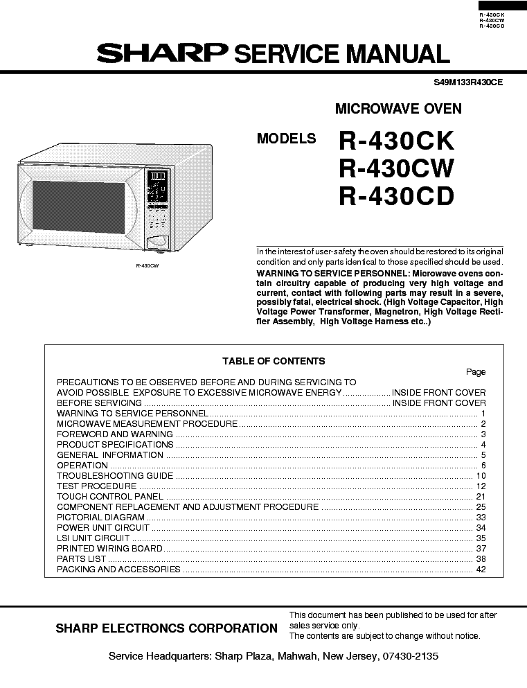 SHARP R-430CK 430CW 430CD service manual (1st page)