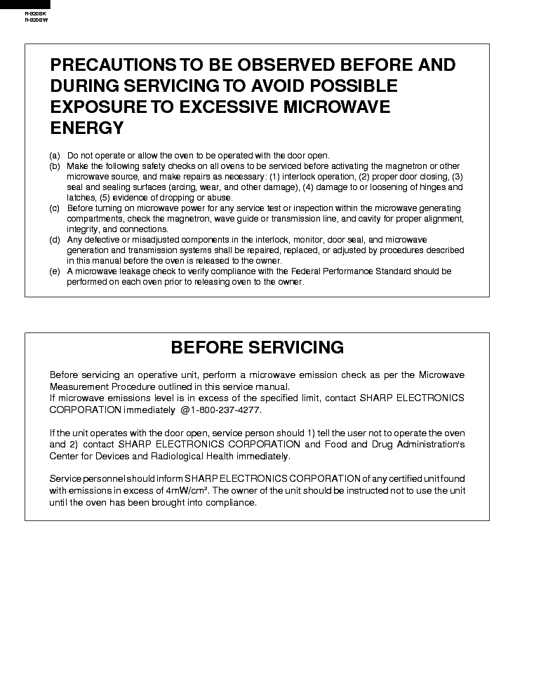 SHARP R-820BK R-820BW service manual (2nd page)