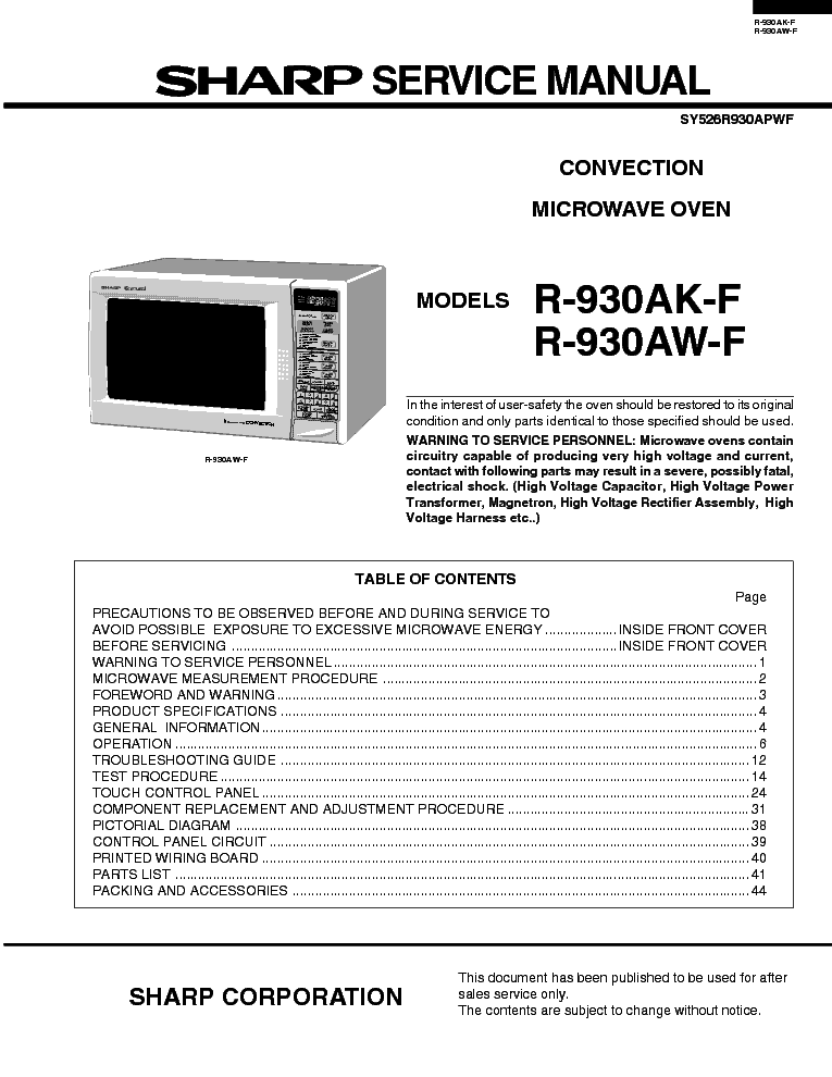 SHARP R-930AK-F R-930AW-F service manual (1st page)