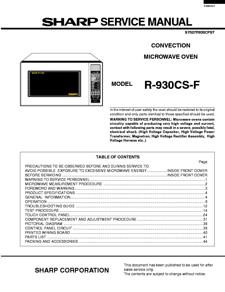 SHARP R-930CS-F service manual (1st page)