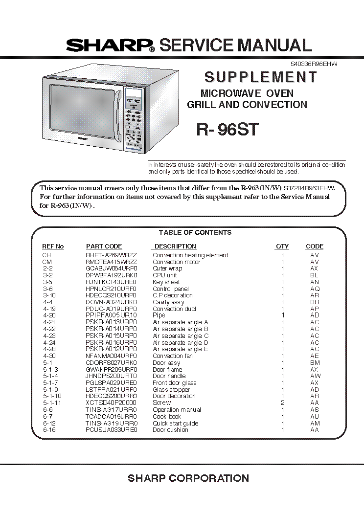 SHARP R-96ST SUPPLEMENT service manual (1st page)