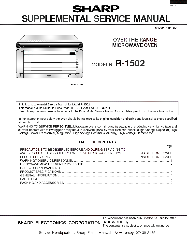SHARP R1502 service manual (1st page)