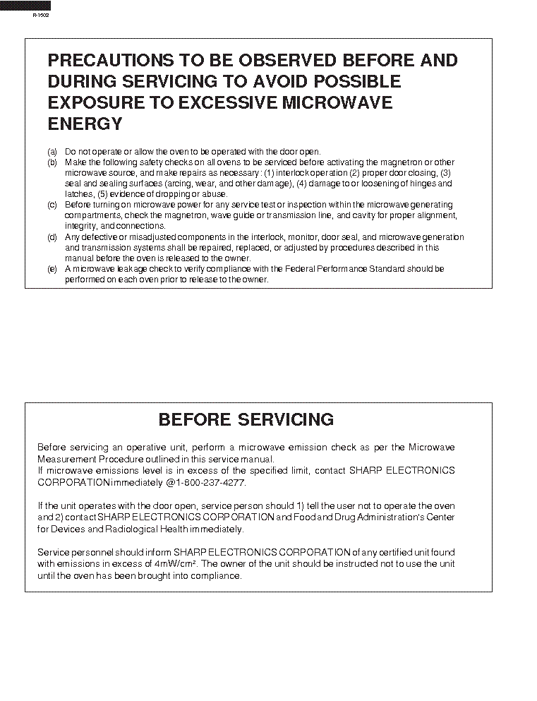 SHARP R1502 service manual (2nd page)